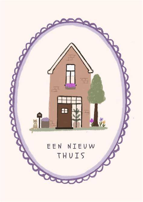Illustratie van een traditioneel huisjes-boompje-beestje-symbool: een gezellig huisje, een volwassen boom en een beestje op de voorgrond