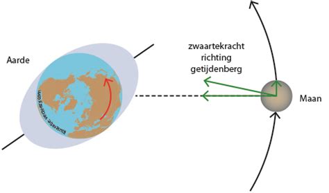 Illustratie van de krachtresultante van aarde en maan door getijden, die aangeeft hoe de getijdenkracht de baan van de maan beïnvloedt.