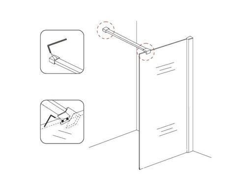Schema van montagevolgorde douchewand met muurprofiel en stabilisatiestang