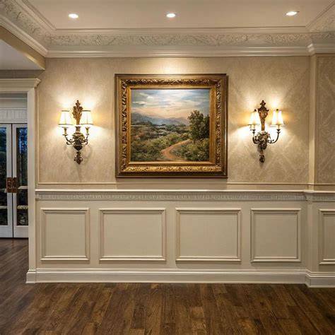 klassieke woonkamer met witte lambrisering en schilderij