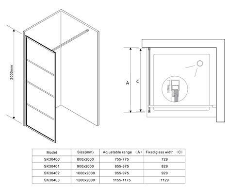 Illustratie van de SaniClear Nero inloopdouche met afmetingen en de mogelijkheid tot links/rechts plaatsing van de deur.