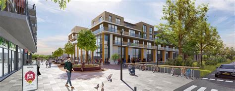 Impressie van het toekomstige woon-winkelgebied De Heul in Wijk bij Duurstede met moderne architectuur en groenvoorzieningen