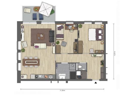 Plattegrond van een appartement in het nieuwe woon-winkelgebied De Heul, met indeling van woonkamer, keuken, badkamer en slaapkamers