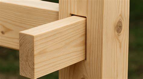 Illustratie van paal-en-balk-constructie met zwaluwstaartverbinding en pen-en-gat