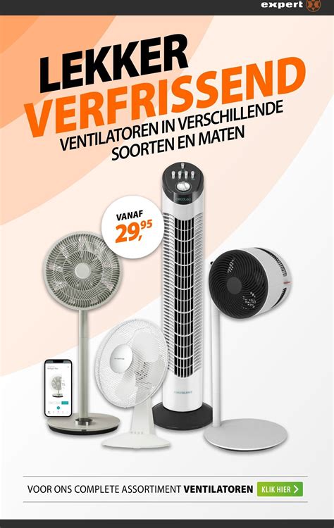 Illustratie van verschillende soorten ventilatoren: plafondventilator, ventilator op voet, torenventilator en bladloze ventilator.