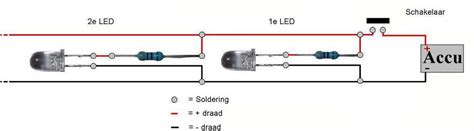 Schema van de aansluiting van LED's met voorschakelweerstand op een decoder.