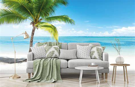 Beeld van palmboom behang tegen een helder witte strand