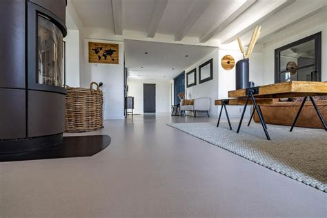 Een voorbeeld van een moderne woonkamer met een stijlvolle gietvloer.