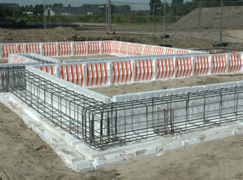 Schema van een betonnen fundering met bekisting, wapening en folie.