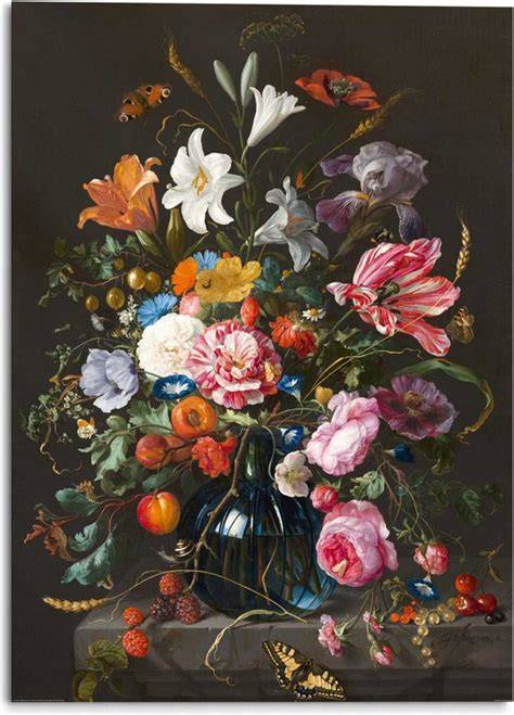 Stilleven met bloemen op koperkleurige print