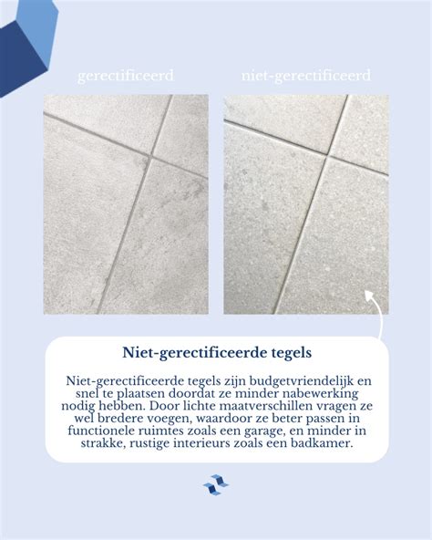 Illustratie die het verschil toont tussen gerectificeerde en niet-gerectificeerde tegels met voegbreedtes.