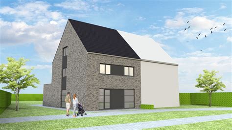 Artistieke impressie van een nieuw te bouwen woning met jaren '50 kenmerken en moderne elementen