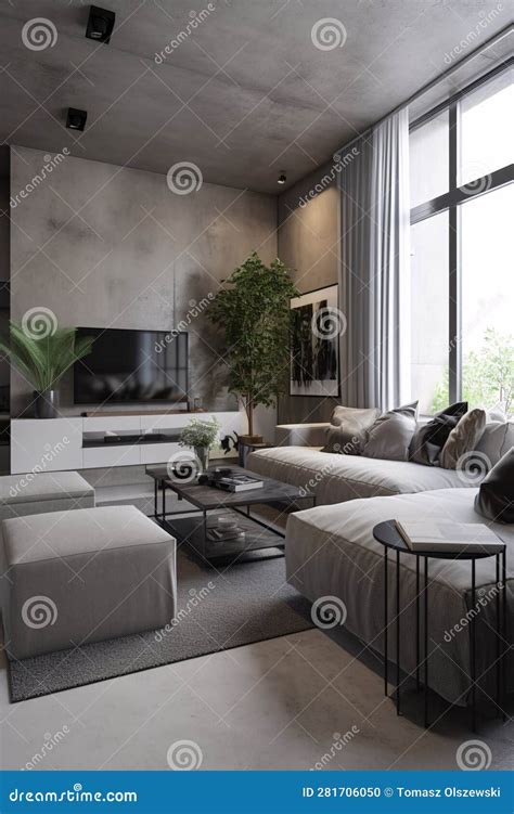 Illustratie van een moderne woonkamer met een gepolijste betonvloer