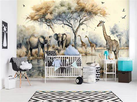 Fotobehang Savanne met Dieren:Illustratie van giraffen en olifanten in savannekleuren