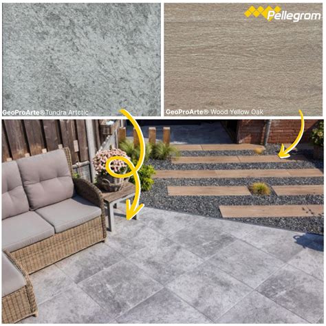 Diversiteit aan designs in GeoProArte betontegels: natuursteenlook, houtlook en patronen.