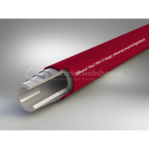 Dwarsdoorsnede van een 5-laags PE-RT vloerverwarmingsbuis, met de verschillende lagen zichtbaar.