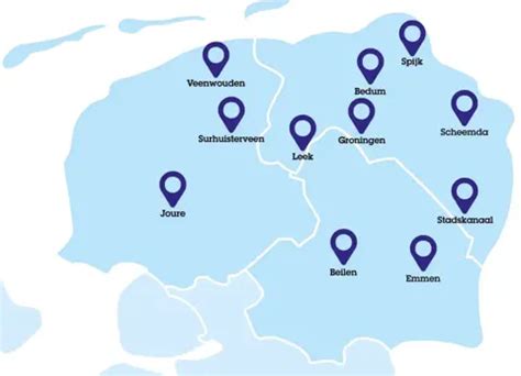 Kaart van Noord-Nederland met de locaties van Abiant vestigingen in Drenthe (Assen, Emmen) gemarkeerd.