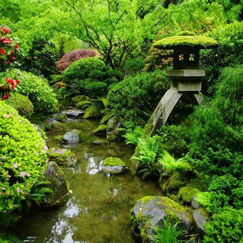 Inspiratiekaart: elementaire compositie van steen, water en groen in een Japanse tuin