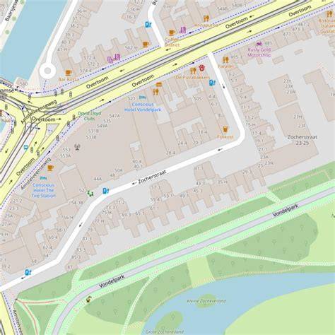 Kaart van Zocherstraat met nabijgelegen Vondelpark en tramassen