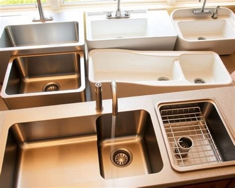Afbeelding: overzicht tweedehands aanrechtbladen met spoelbakken in verschillende materialen