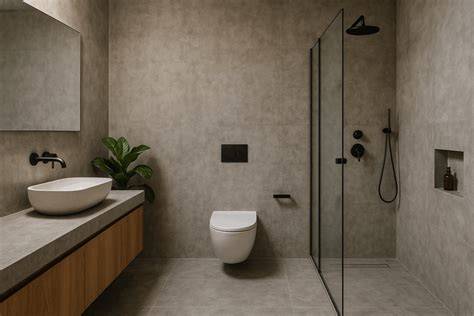 illustratieve afbeelding industriële badkamer met betonlook wanden en staal