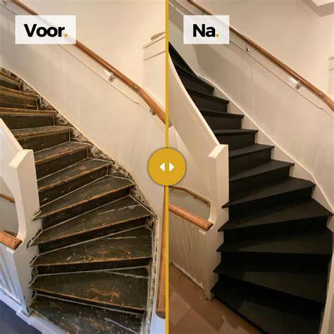 Foto: Voor en na traprenovatie met primer en afdekking van delen die niet gestoffeerd worden