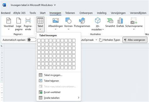 Tabelinvoegen in Word: rasterweergave en Tabel invoegen-menu