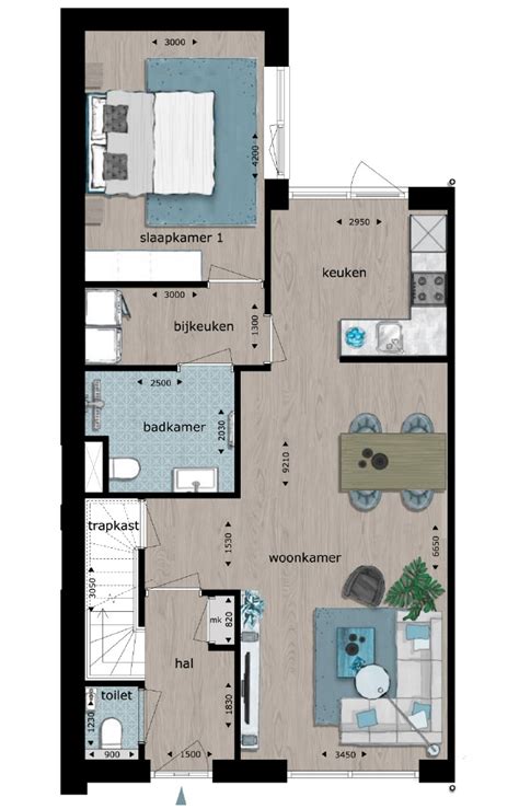 Plattegrond van een levensloopbestendige woning met slaap- en badkamer op de begane grond.