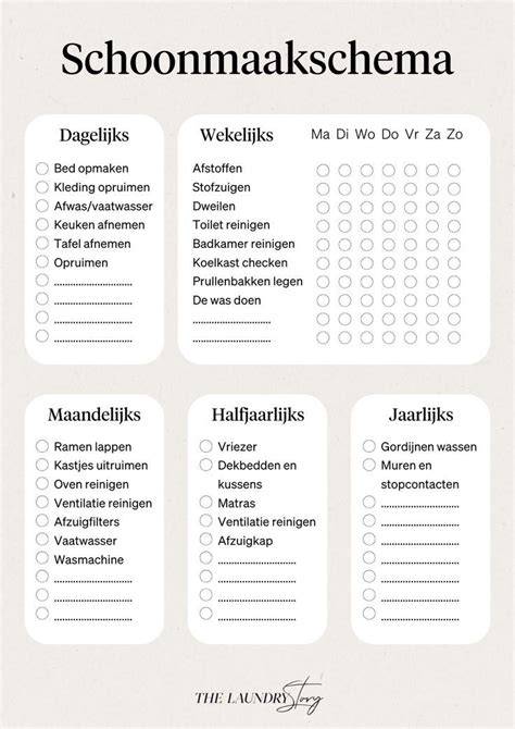 Schema: dagelijkse, wekelijkse en periodieke reiniging