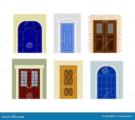 Illustratie van verschillende stijlen voordeuren uit de jaren '70, met nadruk op houtsoorten en panelen.