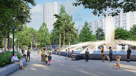 Impressie van de nieuwe boulevard en het stadsplein met het stadshuis en theater