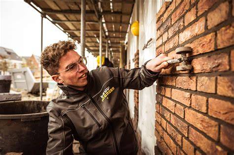 Foto van een metselaar die werken aan een muur met leerlingen
