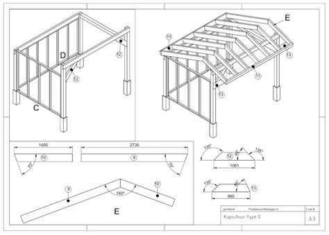 Schematische tekening: dakspanten, trekbalken en dwarsbalken in kapschuur