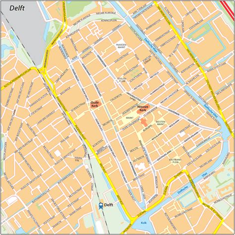 Kaart van Delft met de ligging van Poptahof Noord 313, de nabijheid van het centrum, supermarkt en treinstation aangegeven.