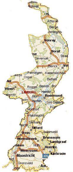 Kaart van Midden-Limburg met Weert, Roermond, Reuver en Posterholt