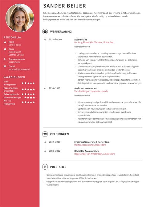 Illustratie van een professioneel opgemaakt CV met duidelijke secties voor contactgegevens, werkervaring en opleiding.