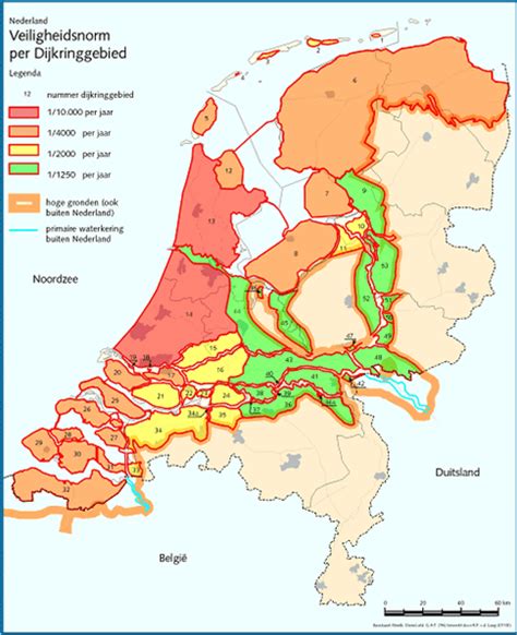 Kaart van dijken en duinen in Nederland met normen per gebied