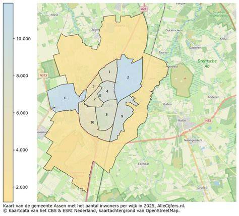 kaart van Assen met gebieden: Assen Oost, Lariks, Pittelo
