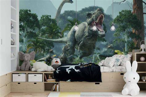 Afbeelding: Dino behang in kleurrijke, vriendelijke tinten voor kinderkamer