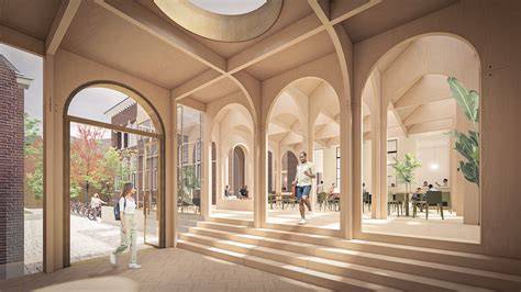 Afbeelding: houten boogstructuur als atrium tussen vier panden