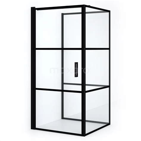 Schematische weergave van een moderne douchecabine 90x90 met mat zwarte profielen en transparant glas.