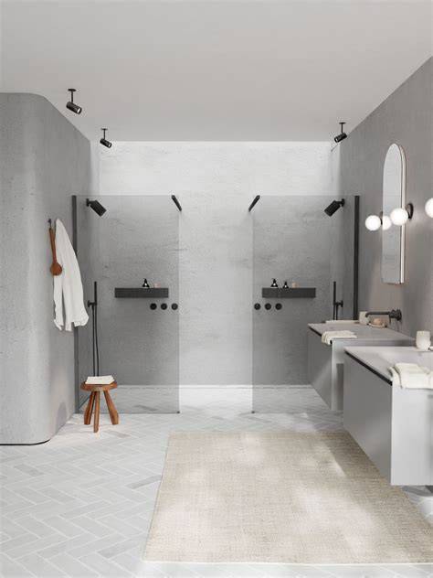 infographics: verschillende indelingsopties voor inloopdouches: hoekinstallatie, deurloze open concept, en dubbele douche