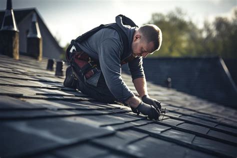 Gedetailleerde afbeelding van een dakdekker die dakpannen inspecteert en vervangt.