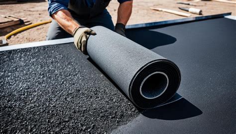 Close-up van een rol bitumen dakbedekking met een pot bitumenkit ernaast