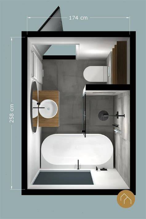 Schematische indeling van een compacte badkamer met opbergoplossingen