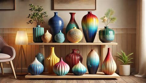 Speelse visvormige vazen in diverse kleuren en afmetingen, geplaatst in een moderne woonkamer.